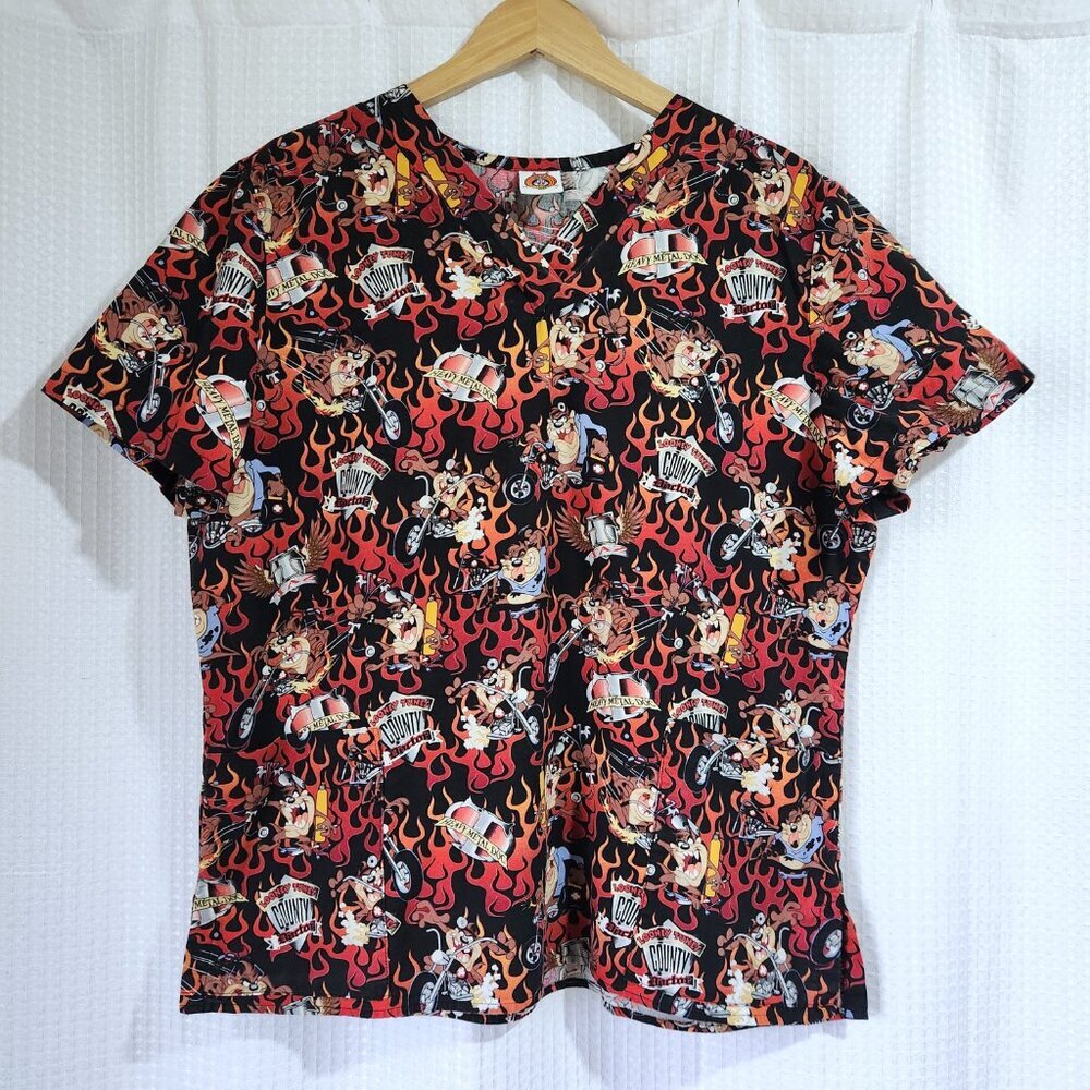 Looney Tunes Taz Scrub Top Women’s XL V‑Neck Pockets Nursing Uniform